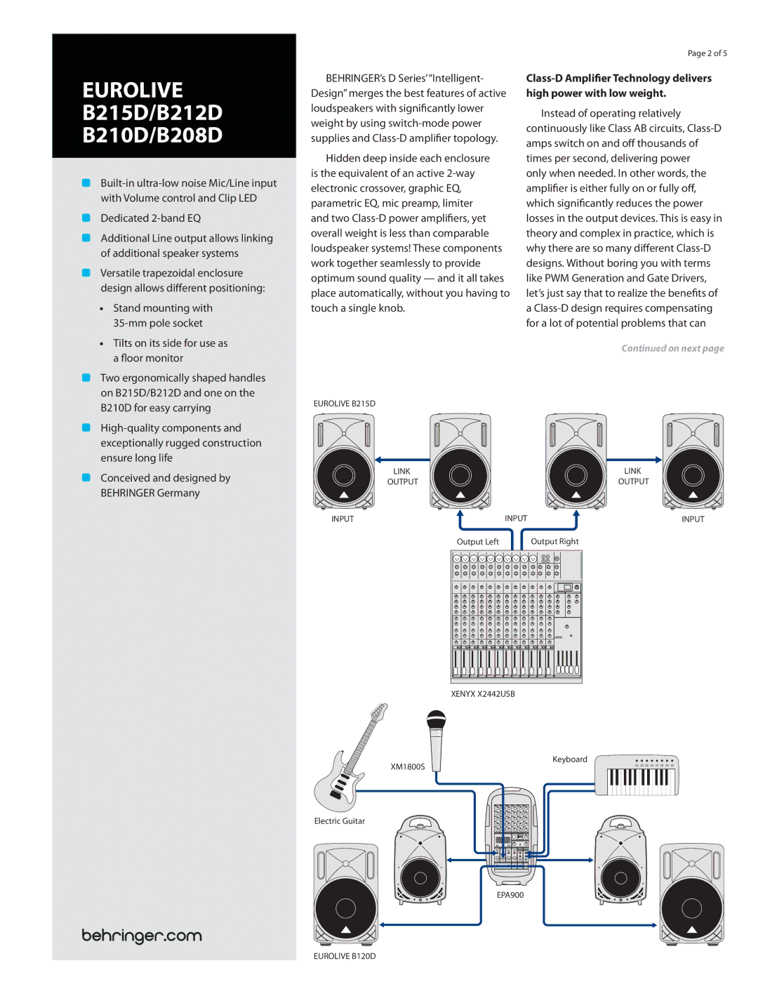 Behringer B210D, B215D, B212D, B208D manual Dedicated 2-band EQ, Tilts on its side for use as a floor monitor 