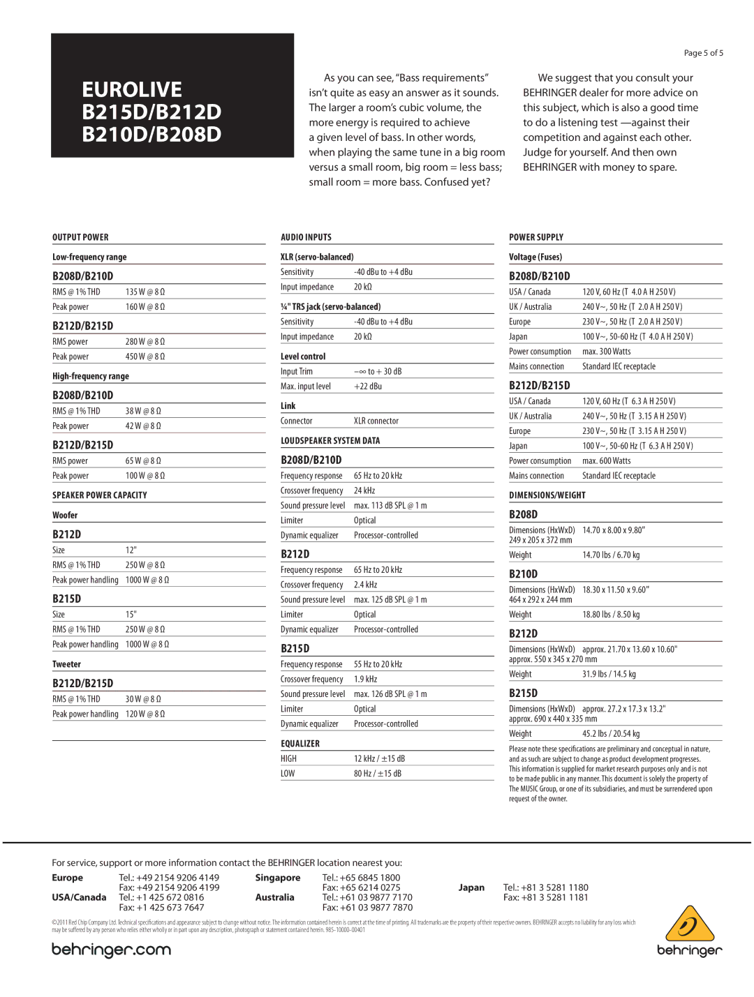 Behringer manual Eurolive B215D/B212D B210D/B208D, B208D/B210D 