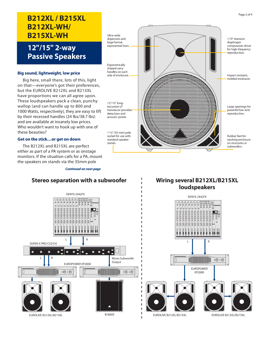 Behringer B215XL-WH, B212XL-WH manual Stereo separation with a subwoofer, Wiring several B212XL/B215XL Loudspeakers 