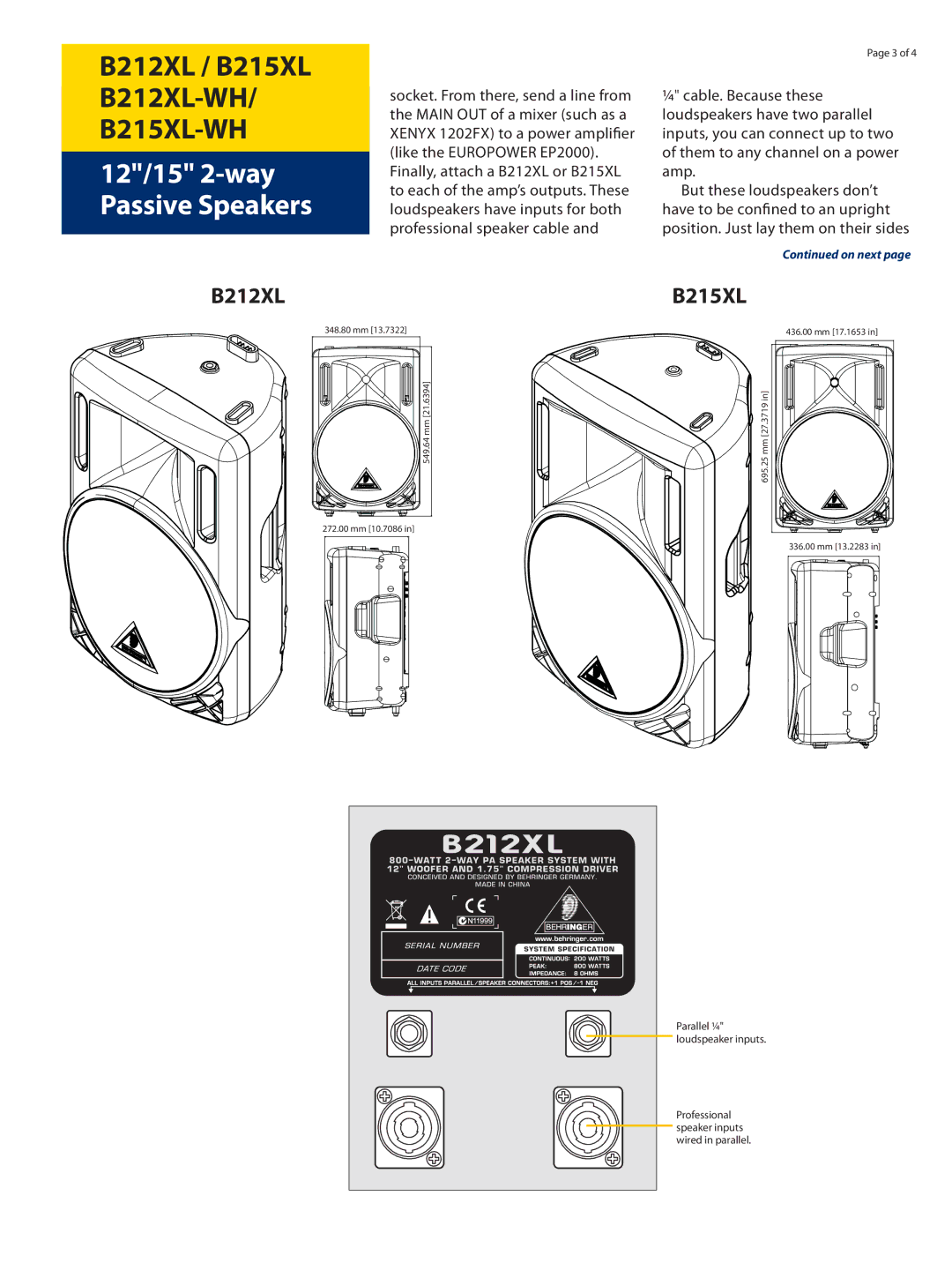 Behringer B212XL-WH, B215XL-WH manual 