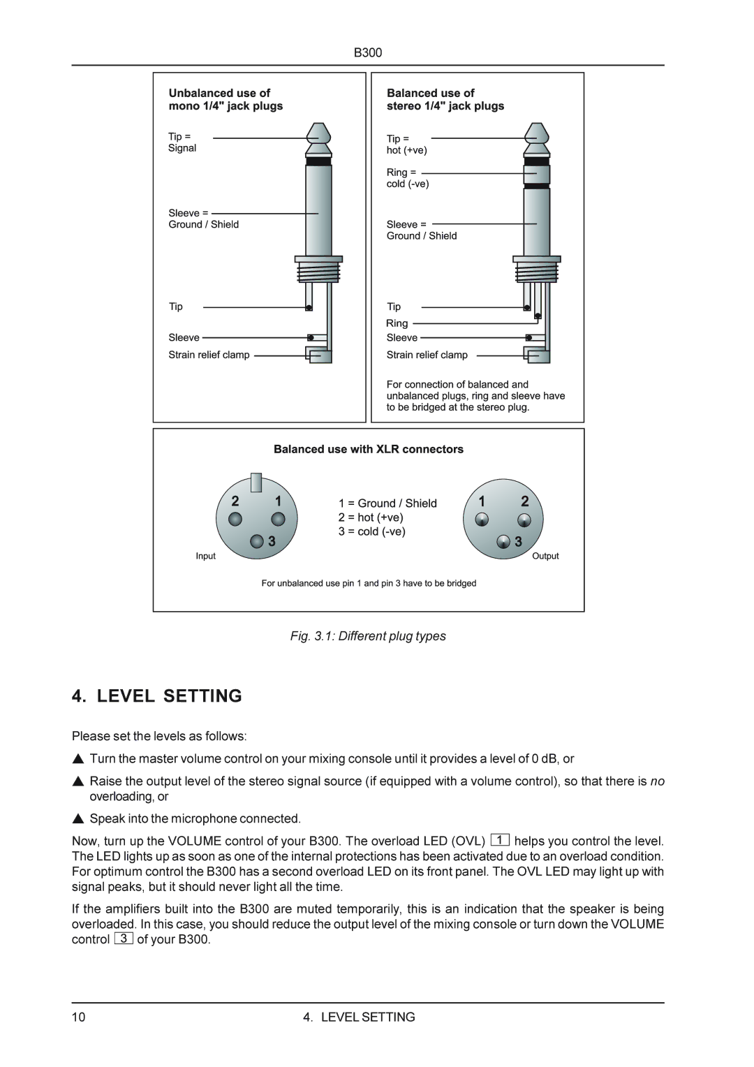 Behringer B300 manual Level Setting, Different plug types 