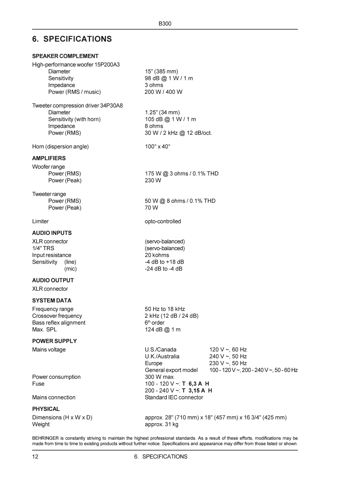 Behringer B300 manual Specifications, Speaker Complement 