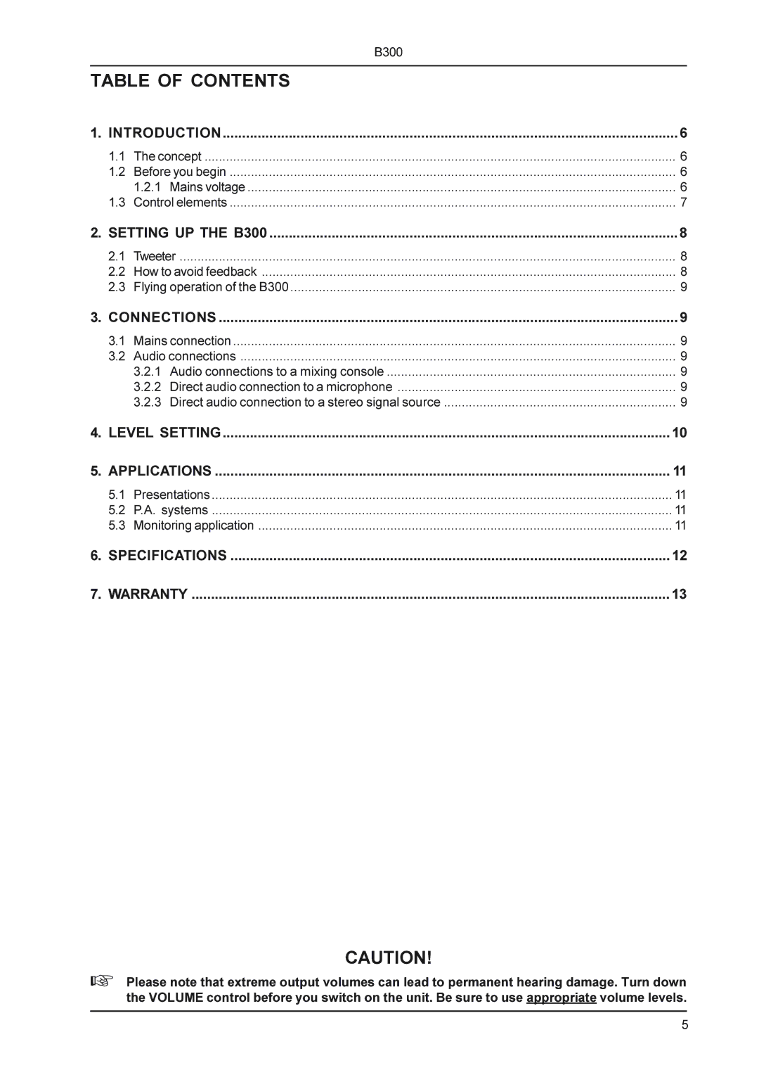 Behringer B300 manual Table of Contents 