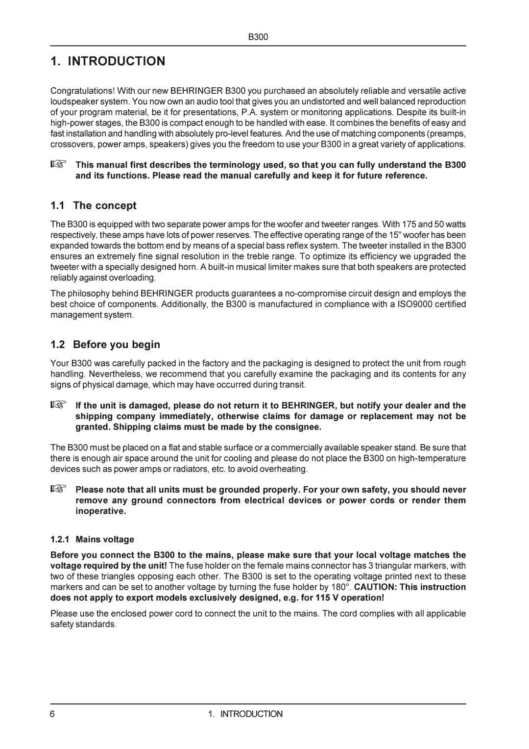 Behringer B300 manual Introduction, Concept, Before you begin 