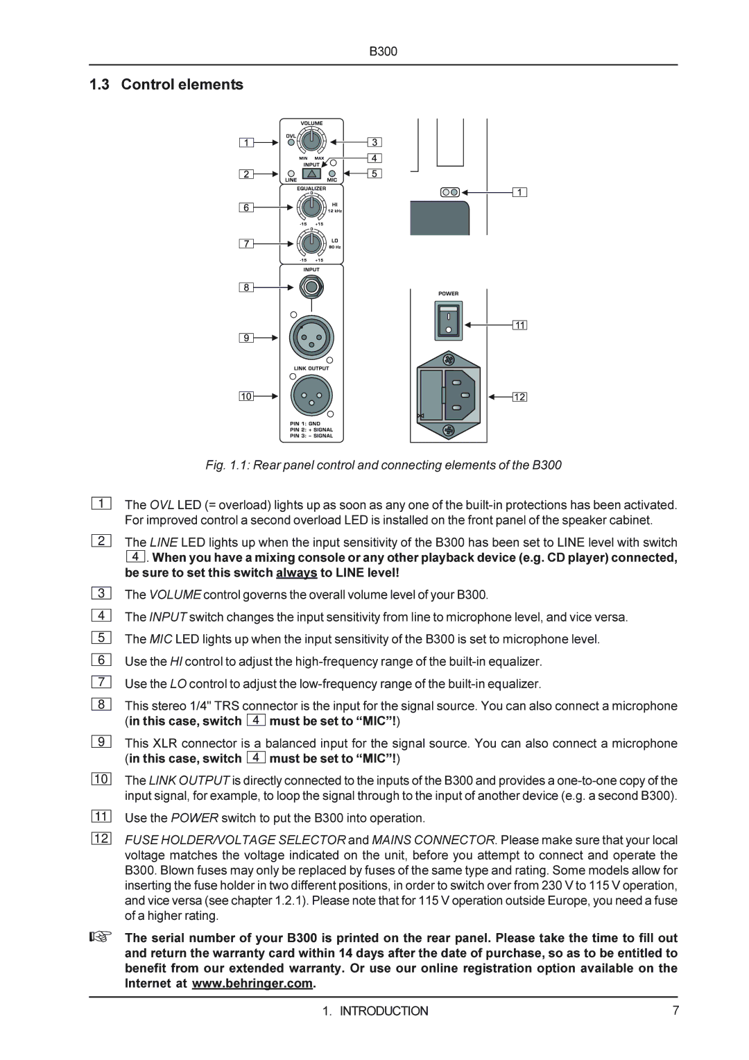 Behringer manual Control elements, Rear panel control and connecting elements of the B300 