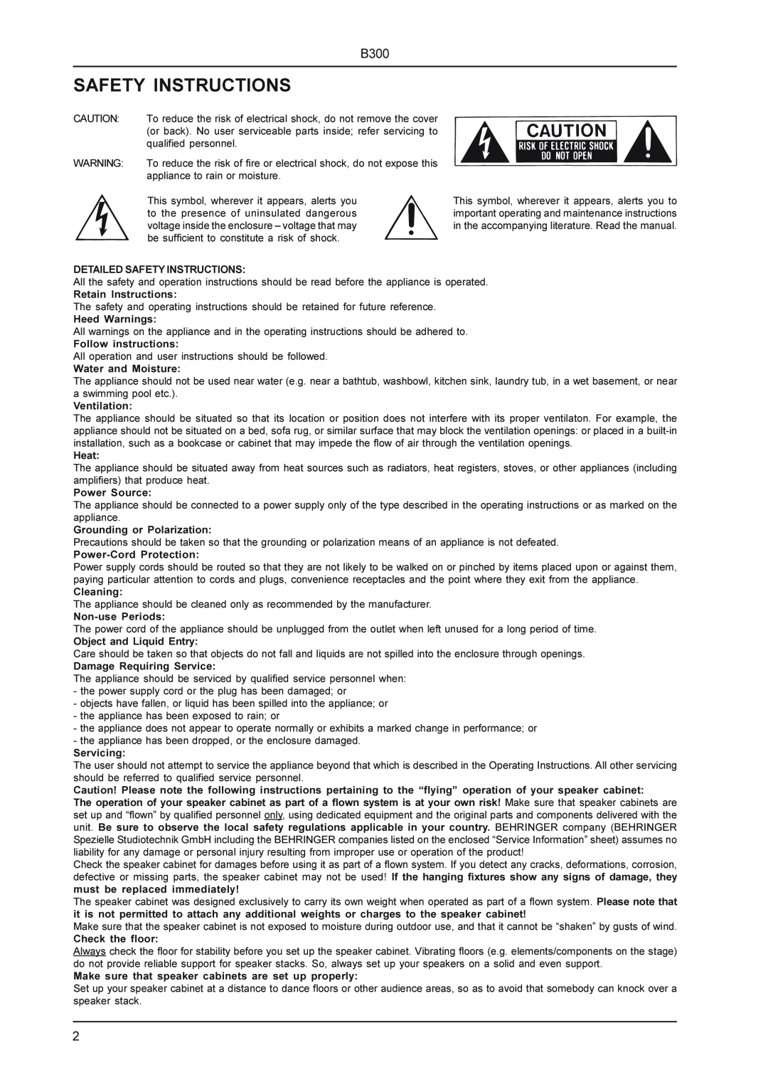 Behringer B300 manual Safety Instructions 