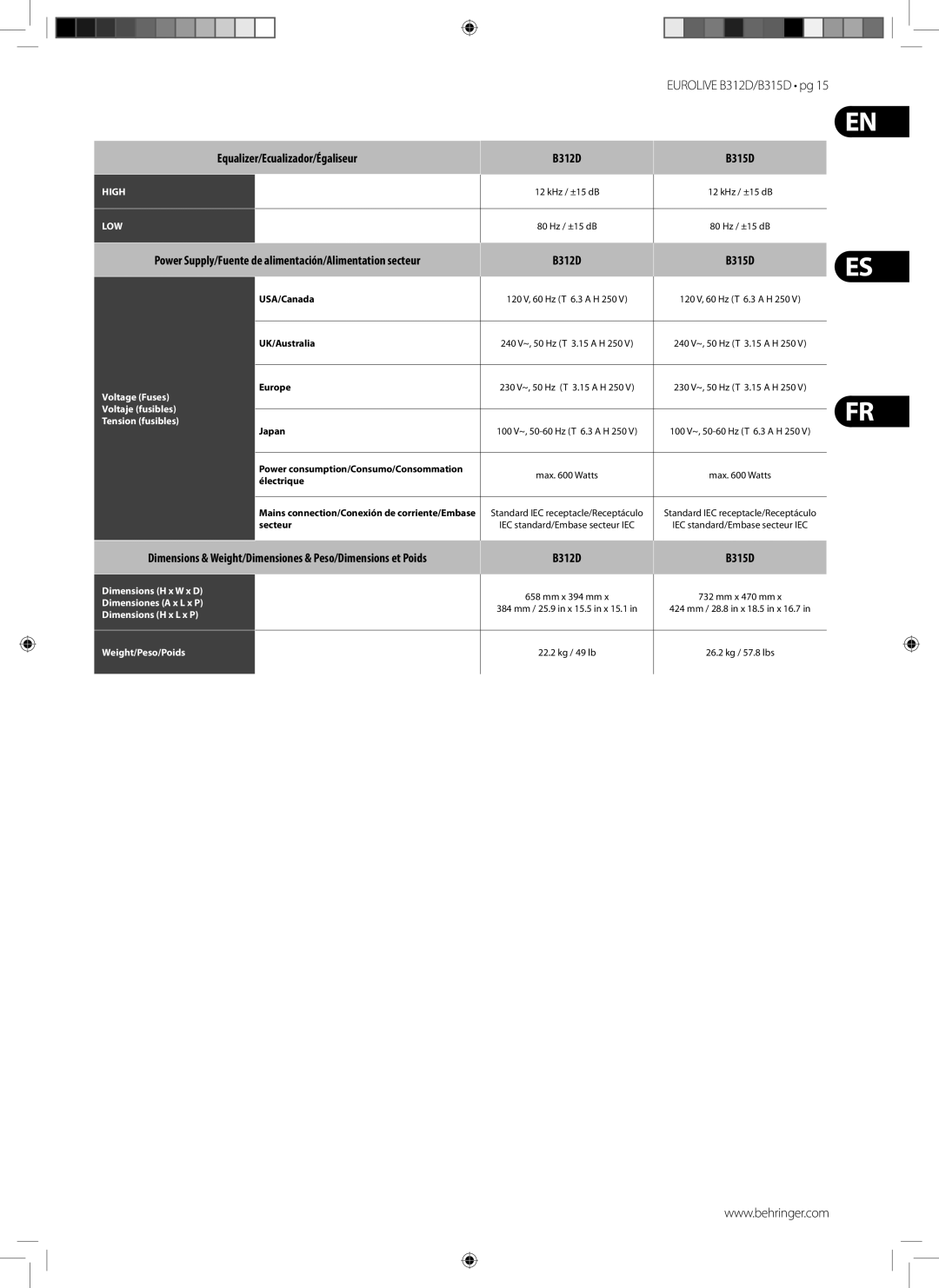 Behringer B315D manual Equalizer/Ecualizador/Égaliseur B312D 