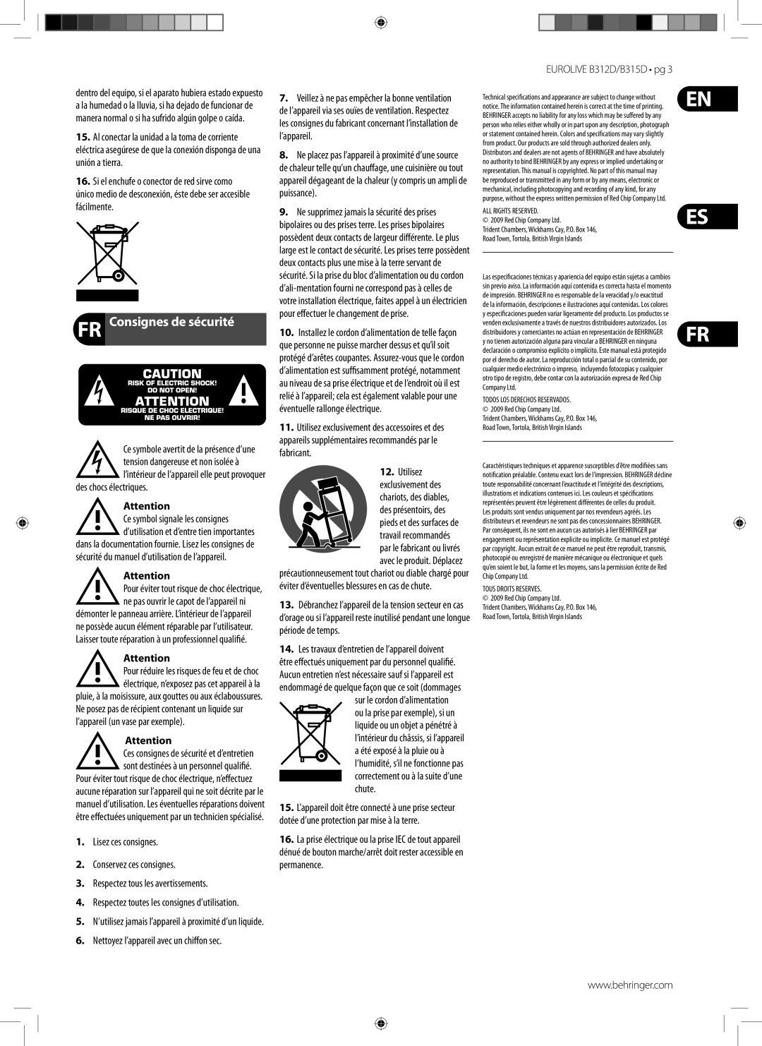 Behringer B315D manual FR Consignes de sécurité 