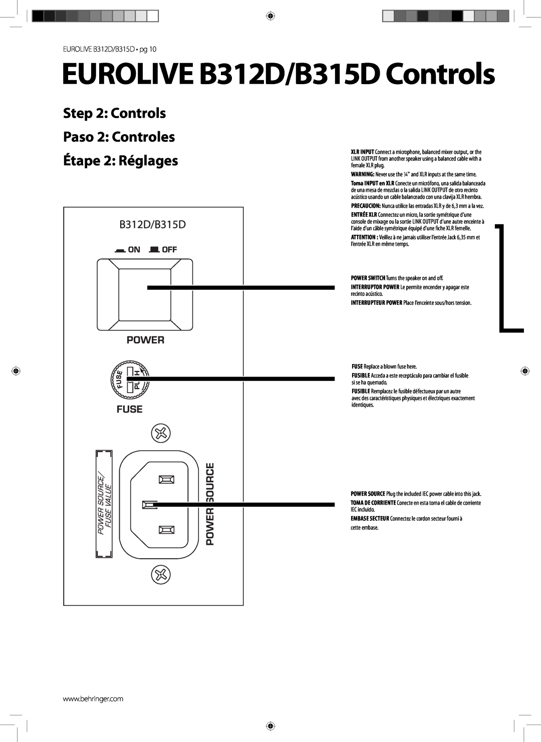 Behringer manual Controls Paso 2 Controles, EUROLIVE B312D/B315D Controls, Étape 2 Réglages 