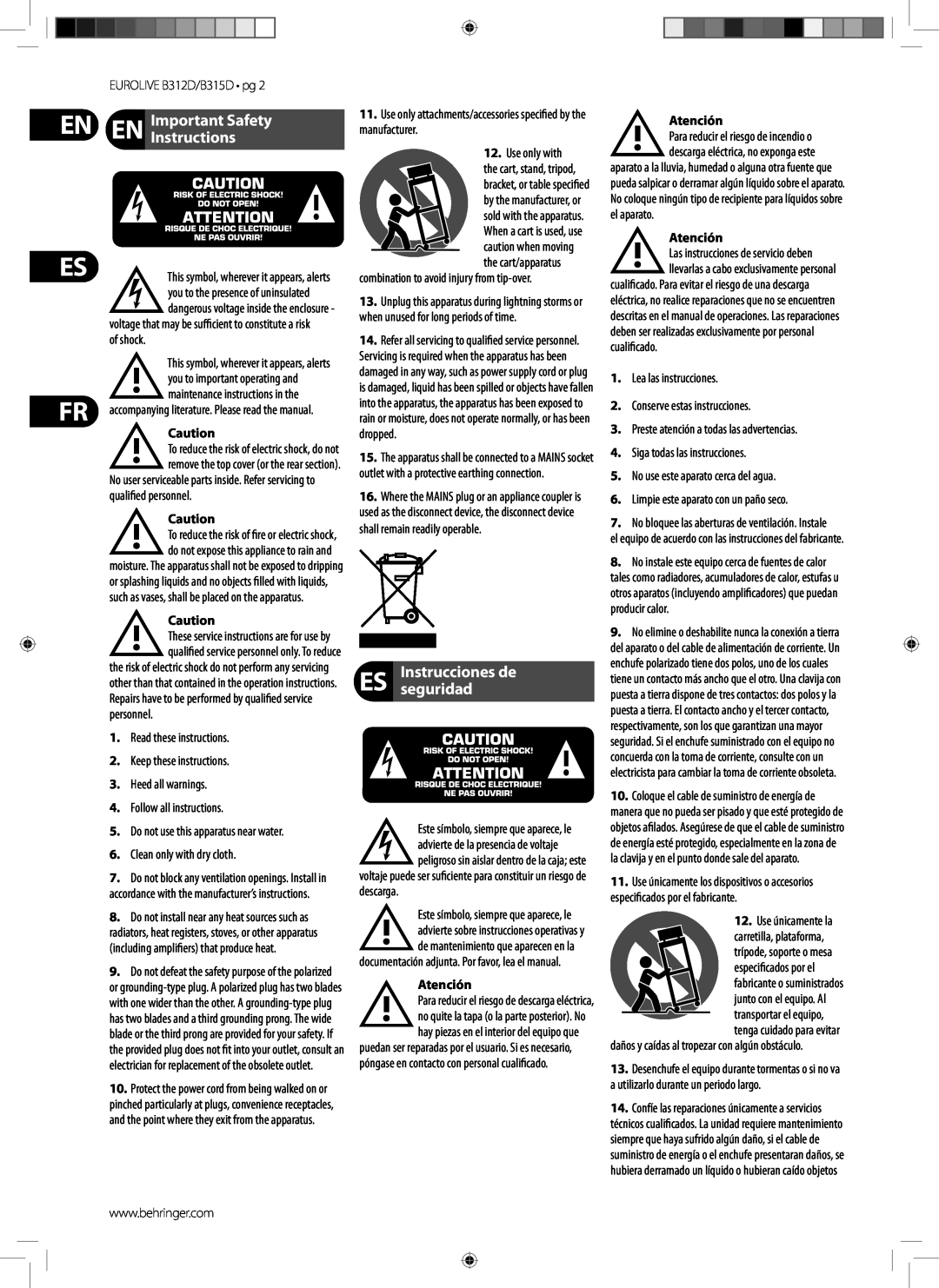 Behringer B315D manual Important Safety EN Instructions, ES Instruccionesseguridad de, Atención, En Es Fr 