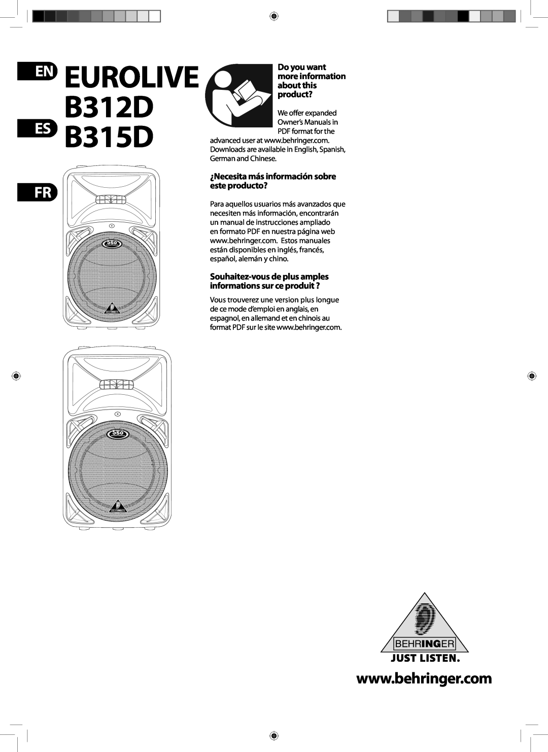 Behringer manual En Es, Do you want more information about this product?, EUROLIVE B312D B315D 