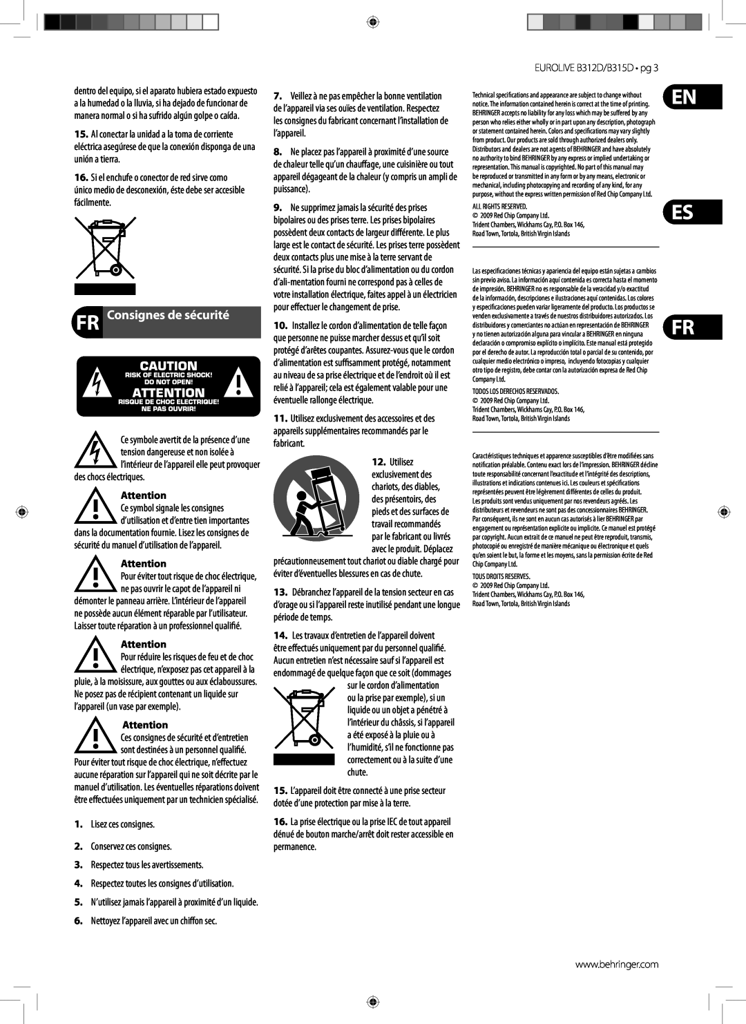 Behringer B315D FR Consignes de sécurité, En Es Fr, des chocs électriques, Lisez ces consignes 2.Conservez ces consignes 