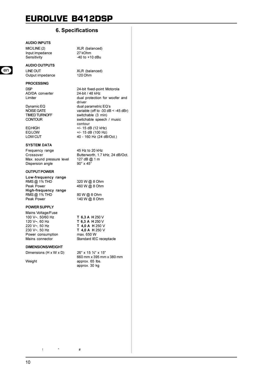 Behringer B412DSP user manual Specifications 