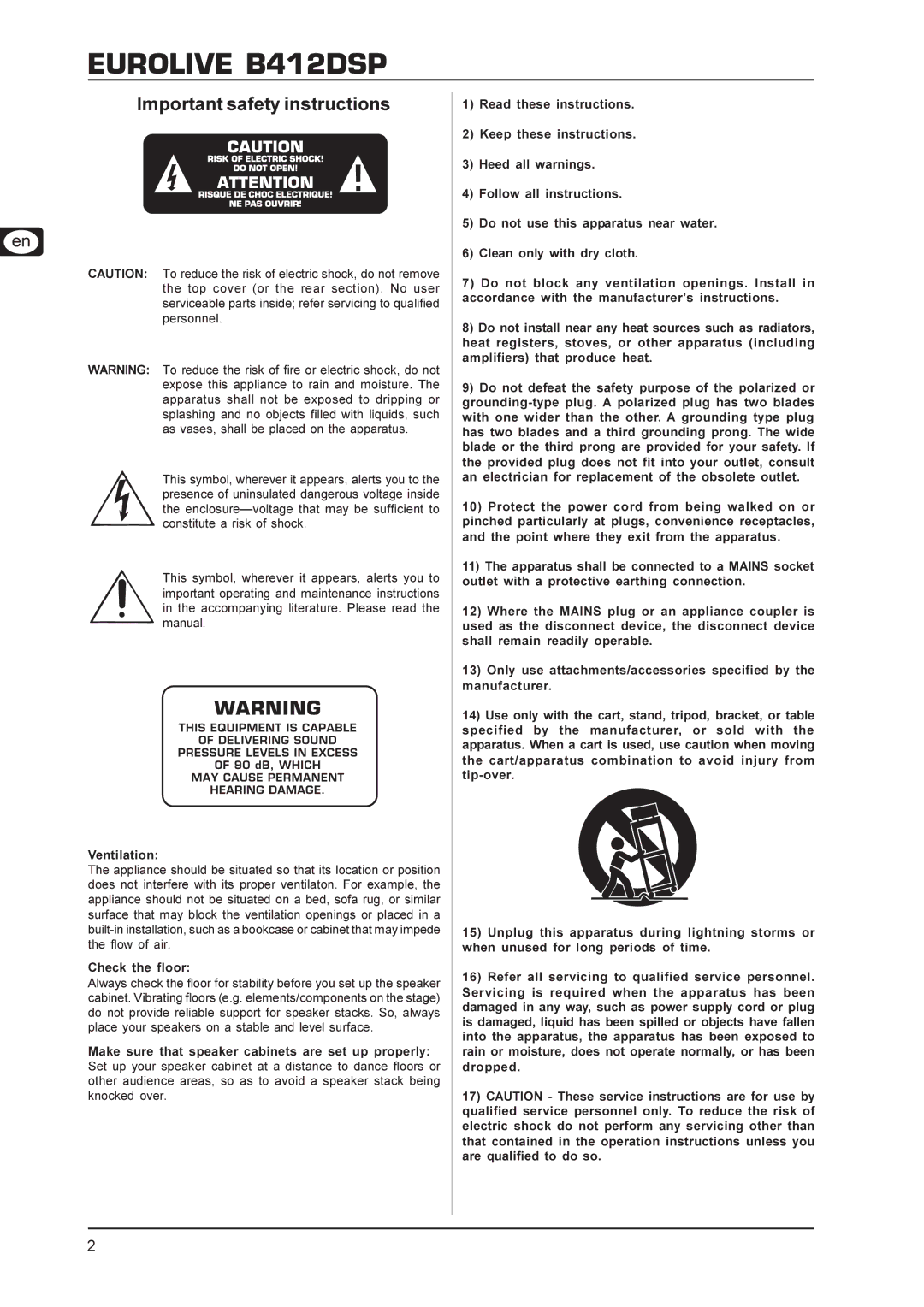 Behringer user manual Eurolive B412DSP, Important safety instructions 