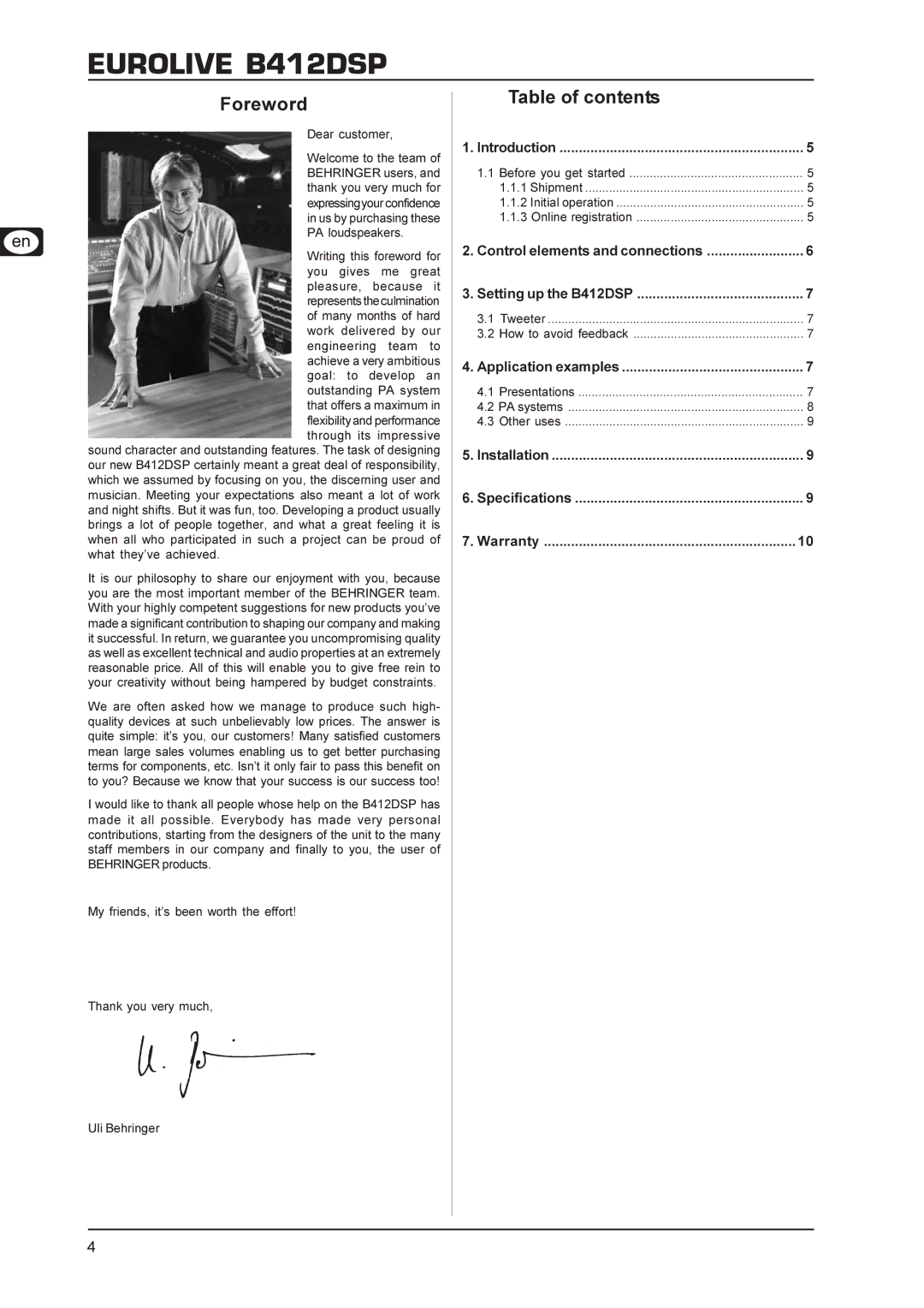 Behringer B412DSP user manual Foreword, Table of contents 