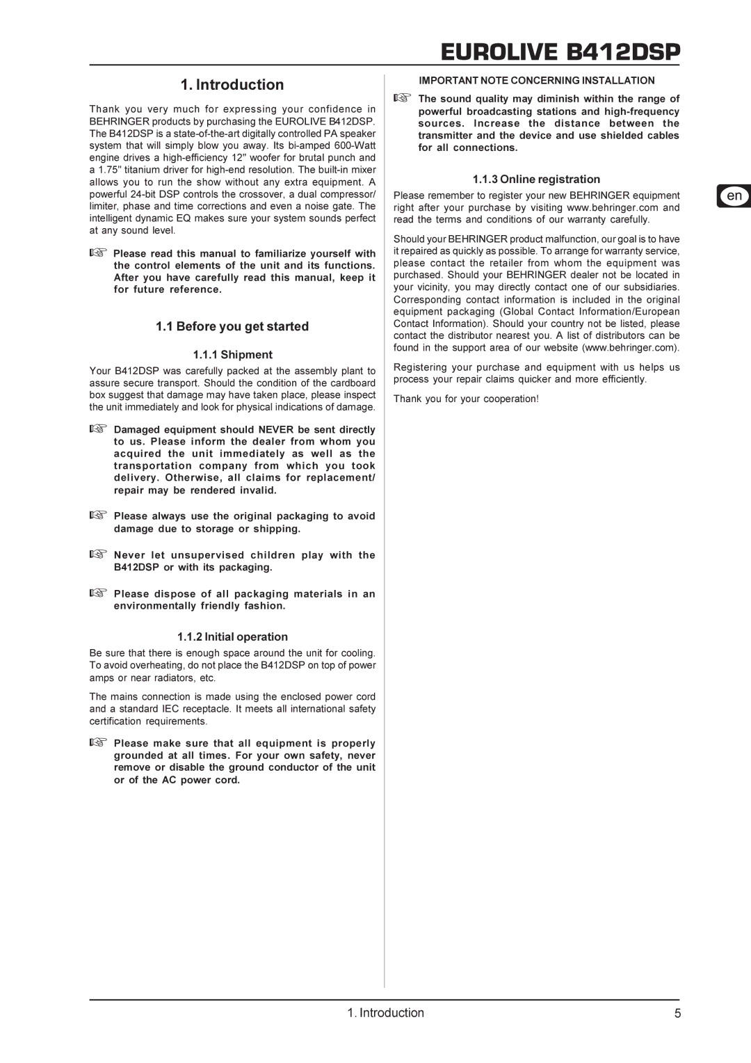 Behringer B412DSP user manual Introduction, Before you get started, Important Note Concerning Installation 