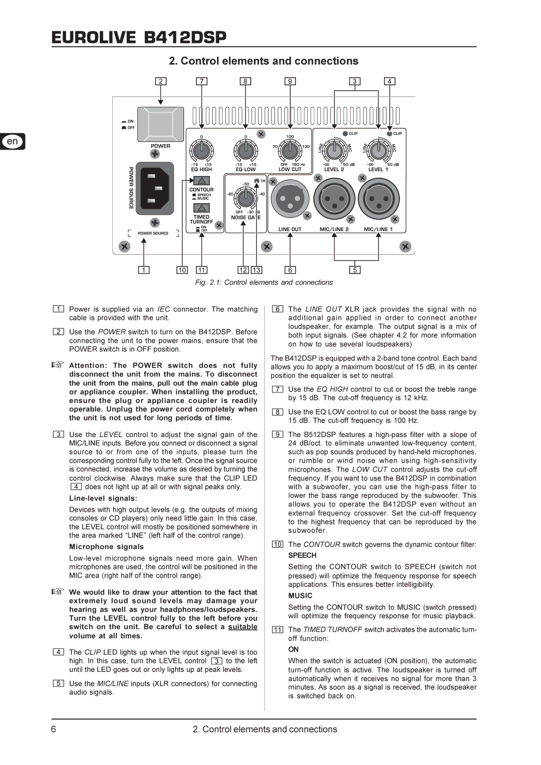 Behringer B412DSP user manual Control elements and connections, Speech, Music 