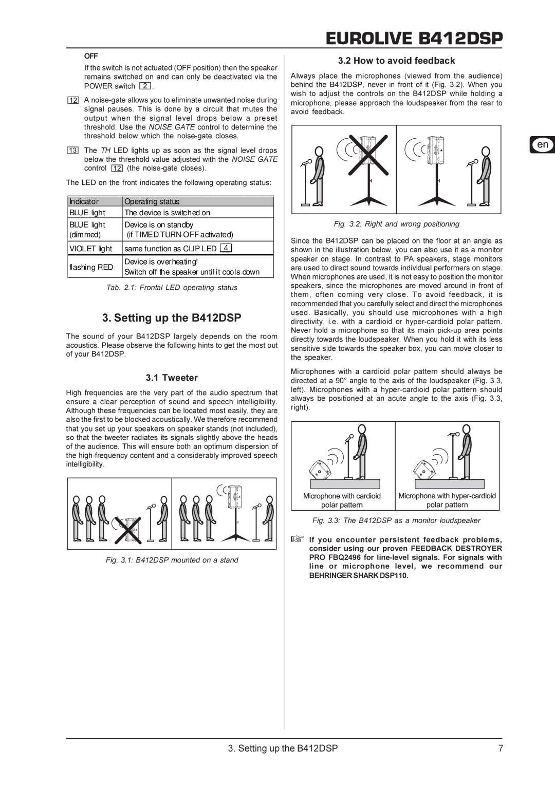 Behringer user manual Setting up the B412DSP, Tweeter, How to avoid feedback, Off 