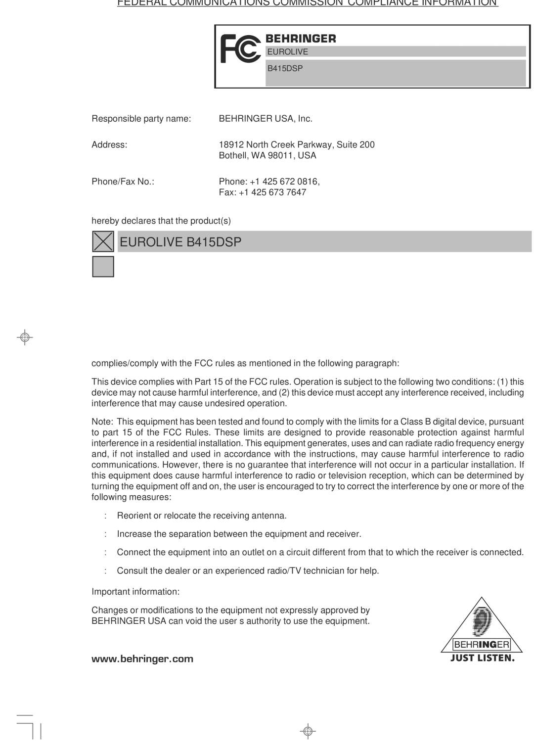 Behringer user manual Eurolive B415DSP 