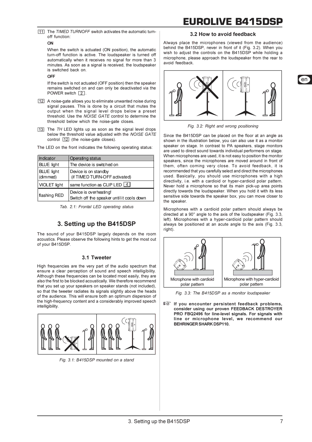 Behringer user manual Setting up the B415DSP, Tweeter, How to avoid feedback, Off 