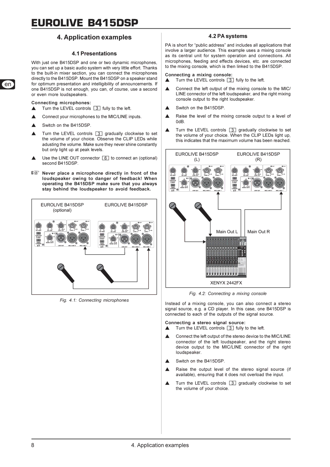 Behringer B415DSP user manual Application examples, Presentations, PA systems 