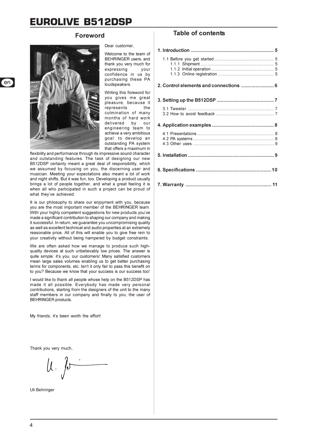 Behringer B512DSP user manual Foreword, Table of contents 