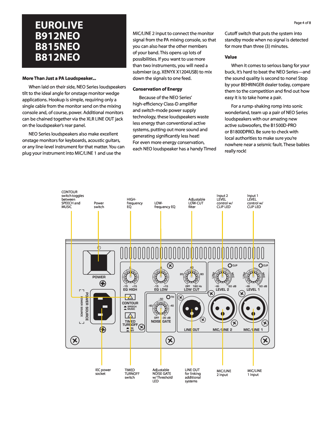 Behringer manual More Than Just a PA Loudspeaker, Conservation of Energy, Value, EUROLIVE B912NEO B815NEO B812NEO 