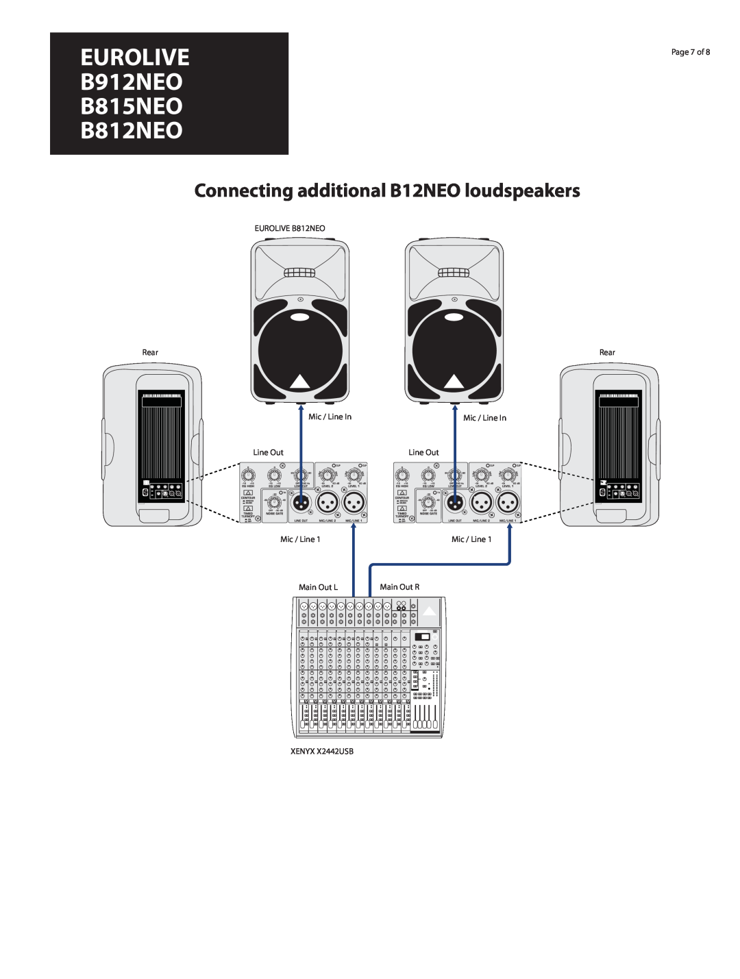 Behringer manual Connecting additional B12NEO loudspeakers, EUROLIVE B912NEO B815NEO B812NEO 