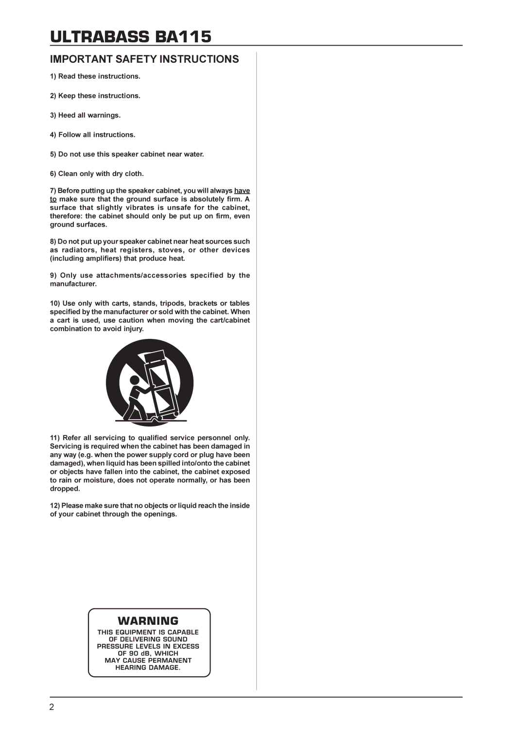 Behringer manual Ultrabass BA115, Important Safety Instructions 