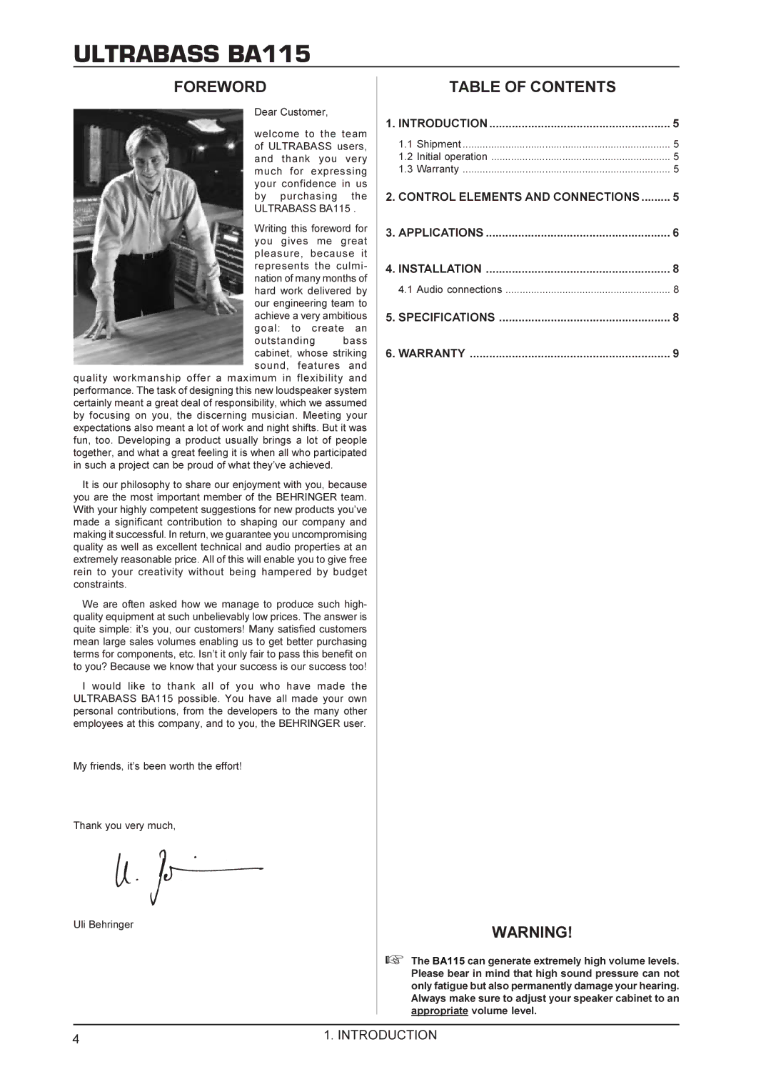 Behringer BA115 manual Foreword, Table of Contents 