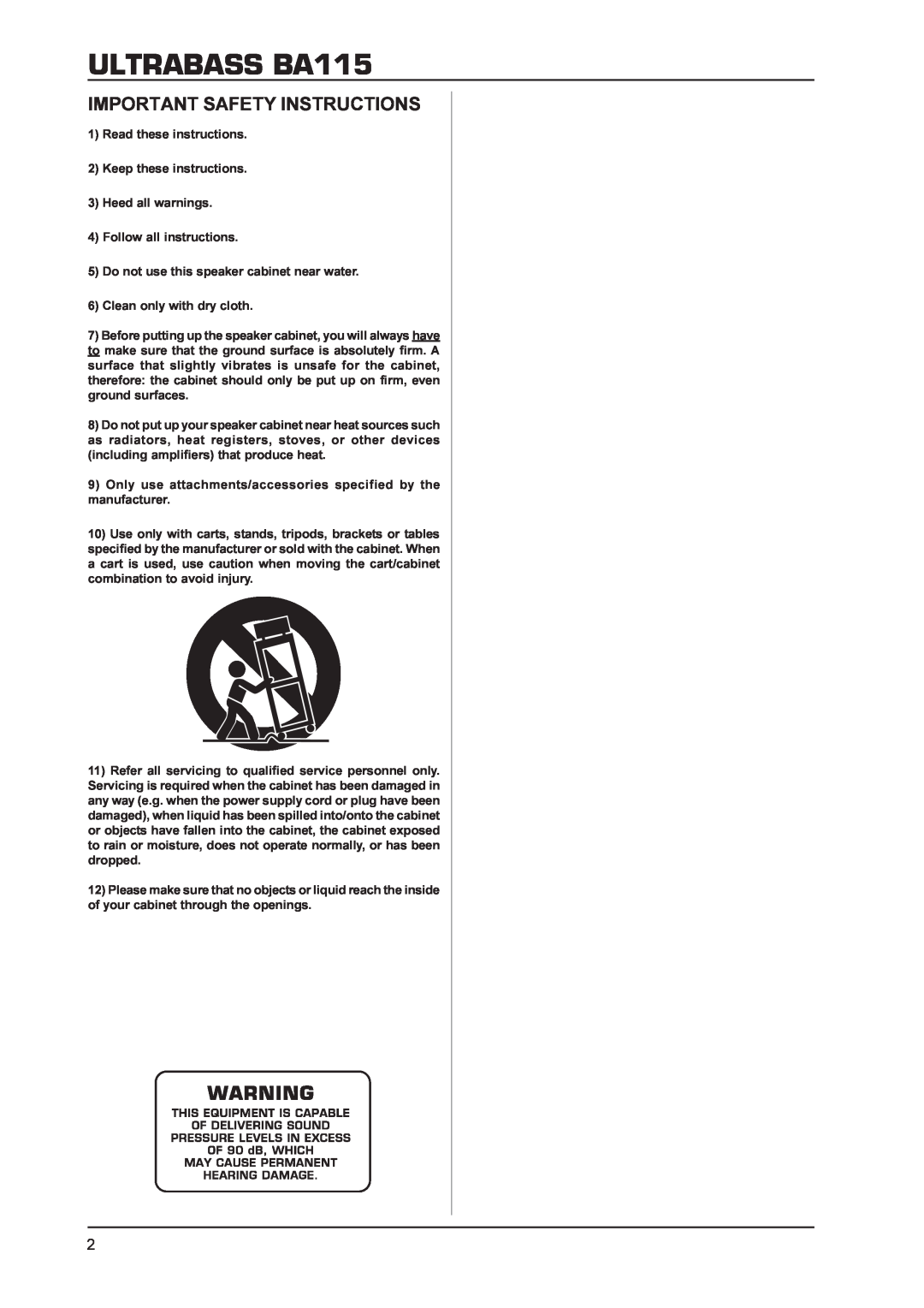 Behringer manual ULTRABASS BA115, Important Safety Instructions 