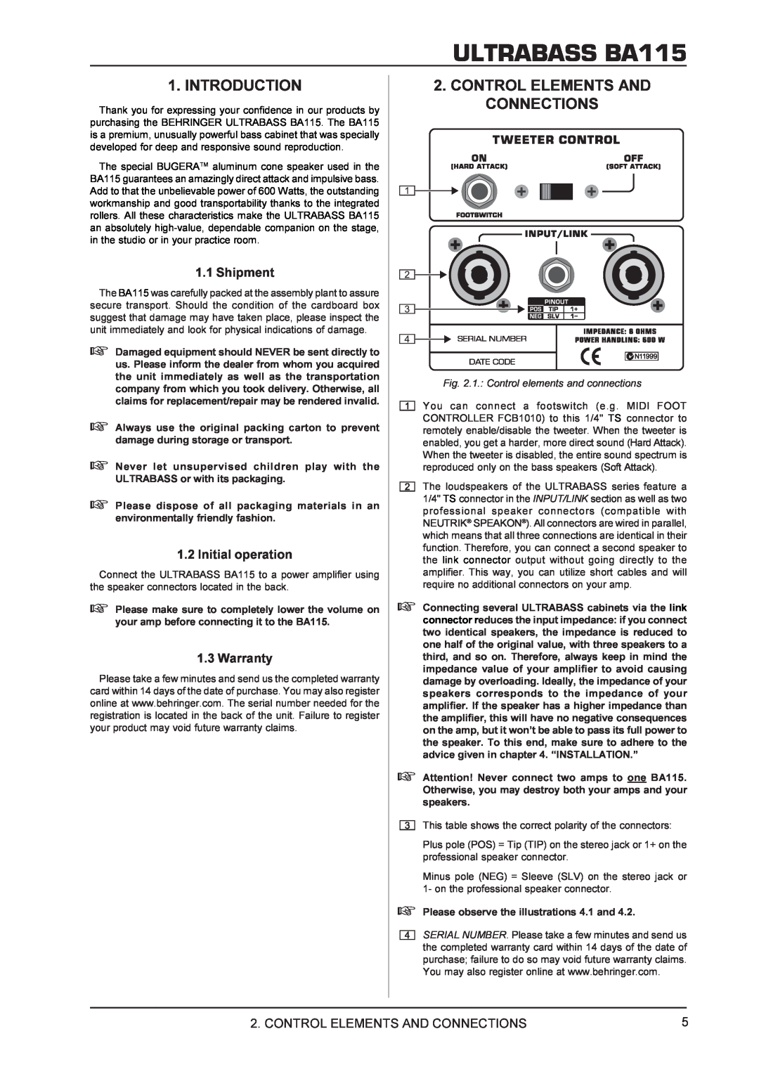 Behringer manual Introduction, Control Elements And Connections, ULTRABASS BA115, Shipment, Initial operation, Warranty 