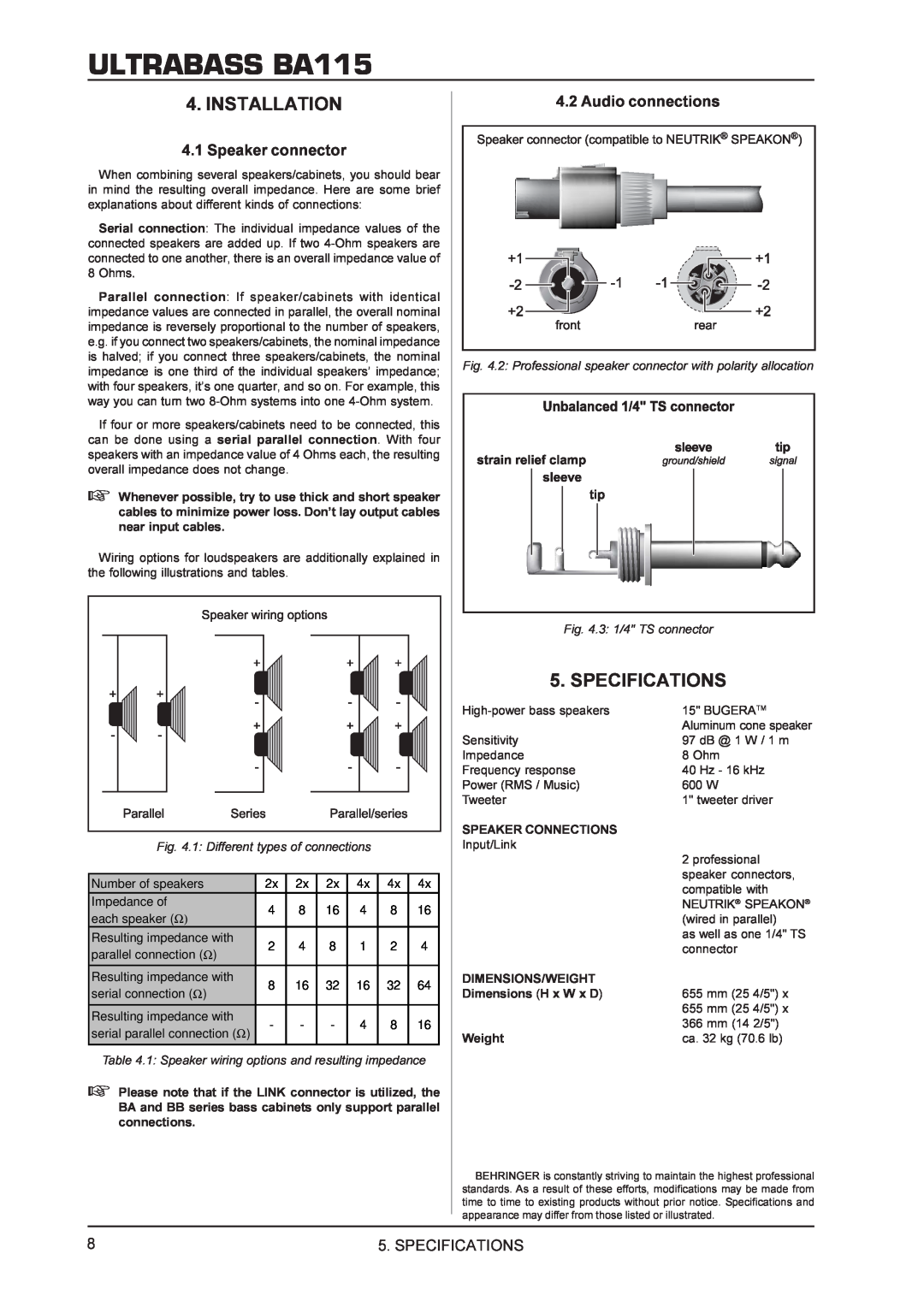 Behringer manual Installation, Specifications, ULTRABASS BA115, 1 Different types of connections, 3 1/4 TS connector 