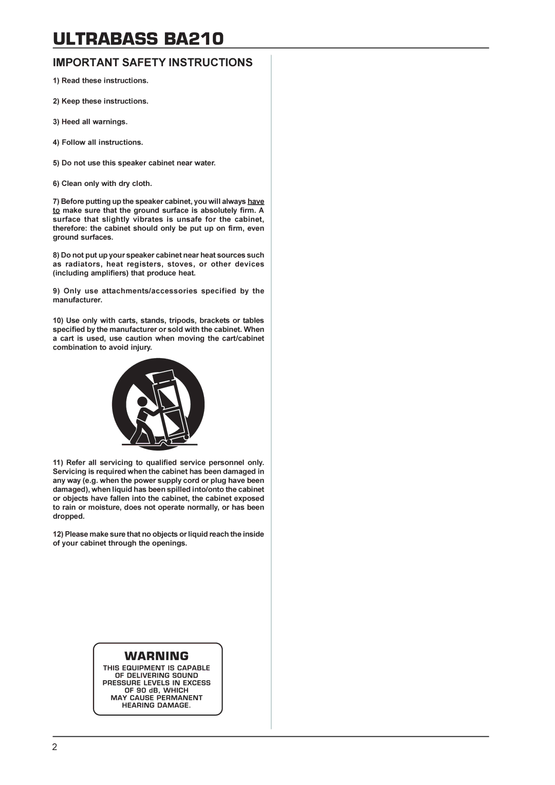 Behringer manual Ultrabass BA210, Important Safety Instructions 