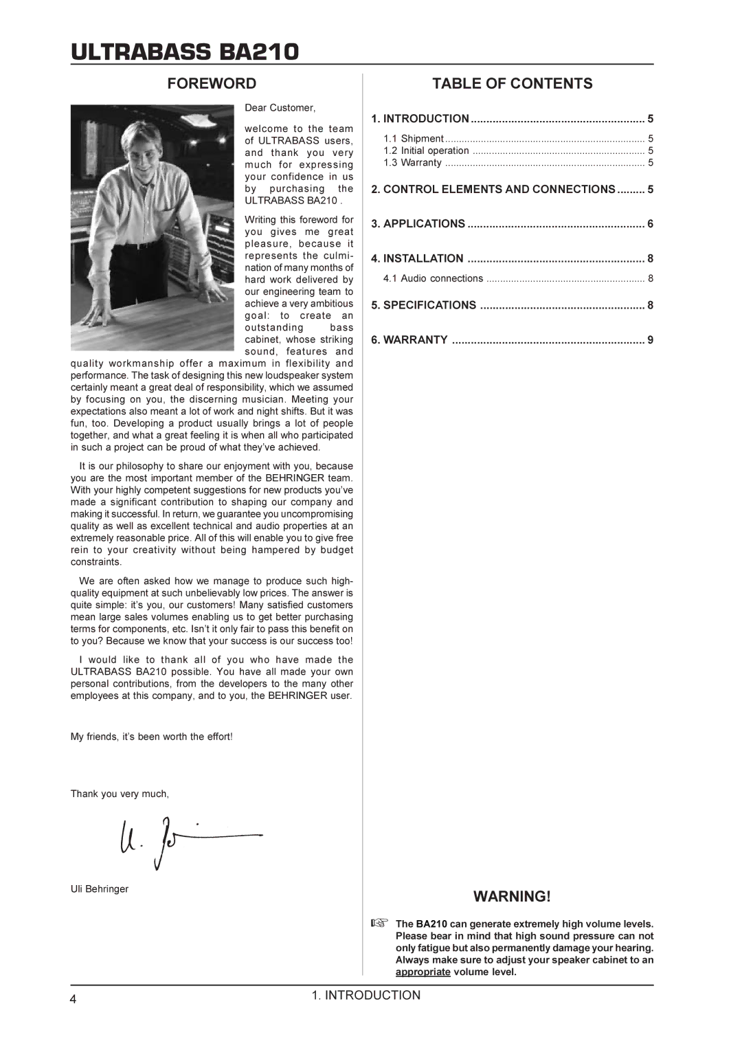 Behringer BA210 manual Foreword, Table of Contents 