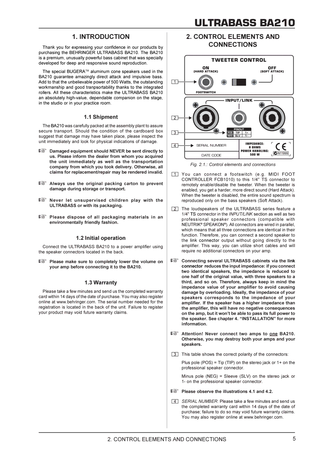 Behringer BA210 manual Introduction, Control Elements and Connections 