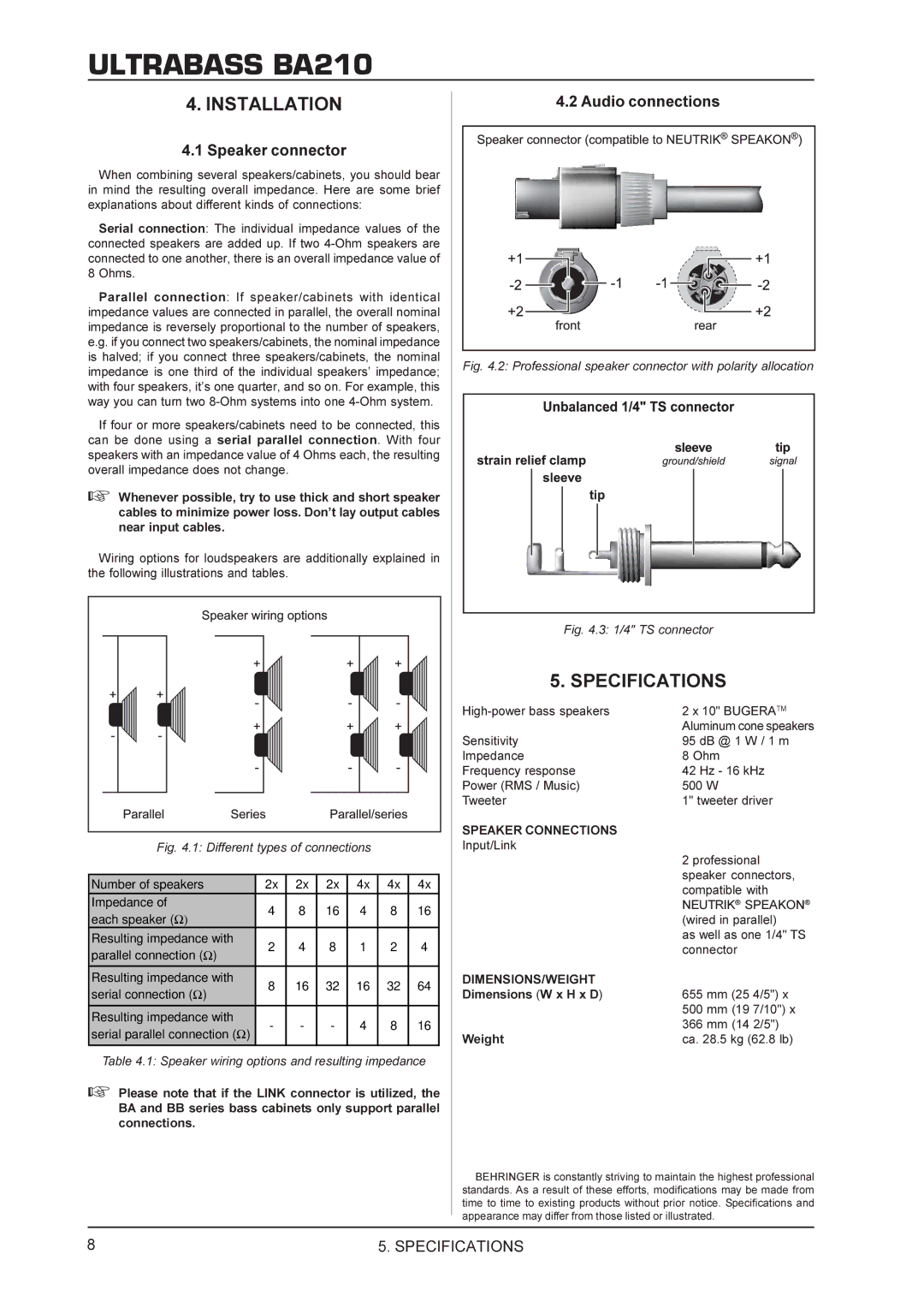 Behringer BA210 manual Installation, Specifications 