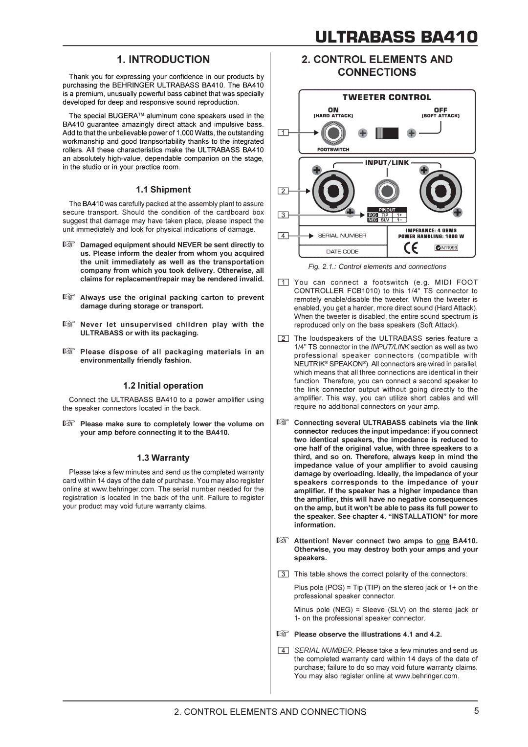 Behringer BA410 manual Introduction, Control Elements and Connections 