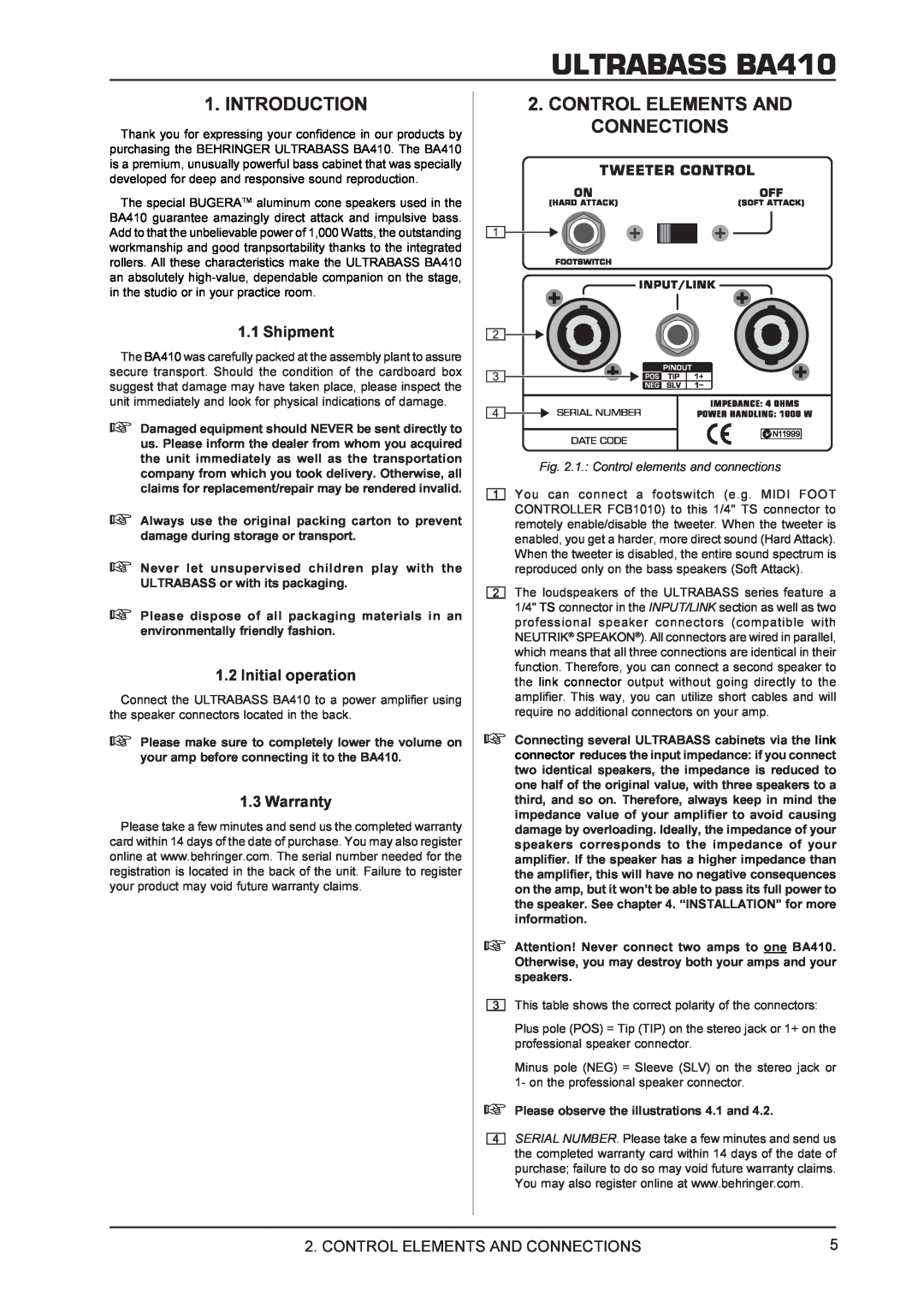 Behringer manual Introduction, Control Elements And Connections, ULTRABASS BA410, Shipment, Initial operation, Warranty 