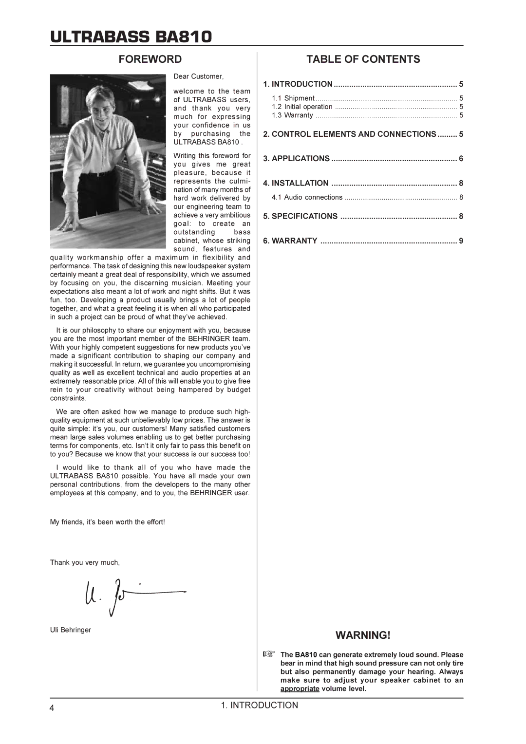 Behringer BA810 manual Foreword, Table of Contents 