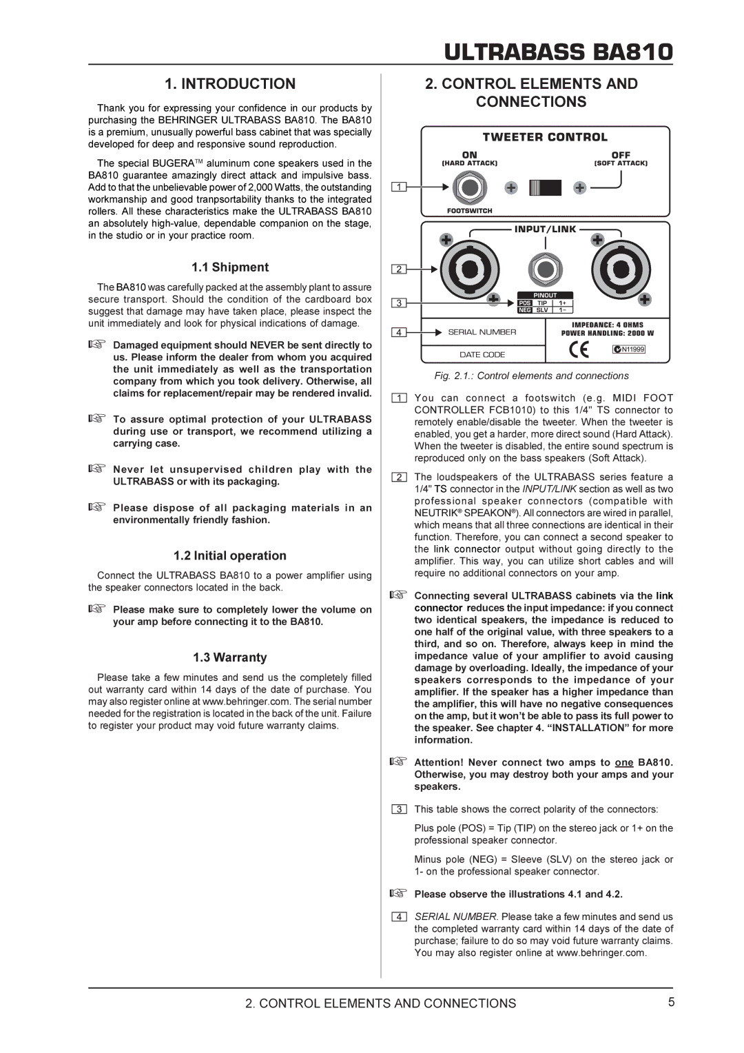 Behringer BA810 manual Introduction, Control Elements and Connections 