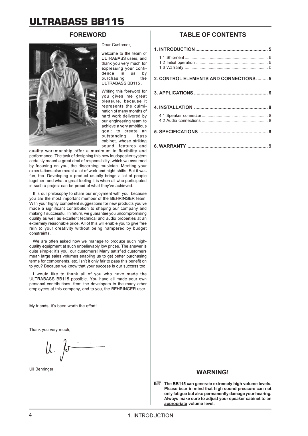 Behringer BB115 manual Foreword, Table of Contents 