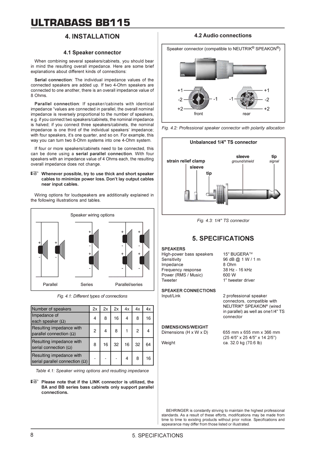 Behringer BB115 manual Installation, Specifications 