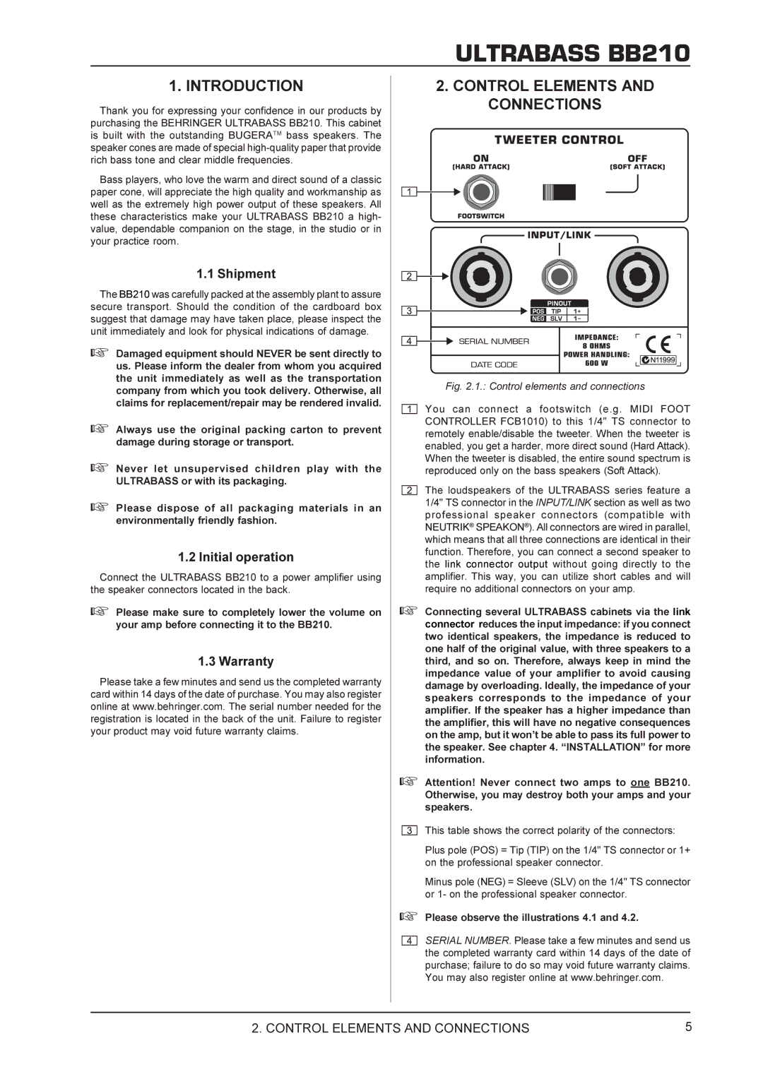 Behringer BB210 manual Introduction, Control Elements and Connections 