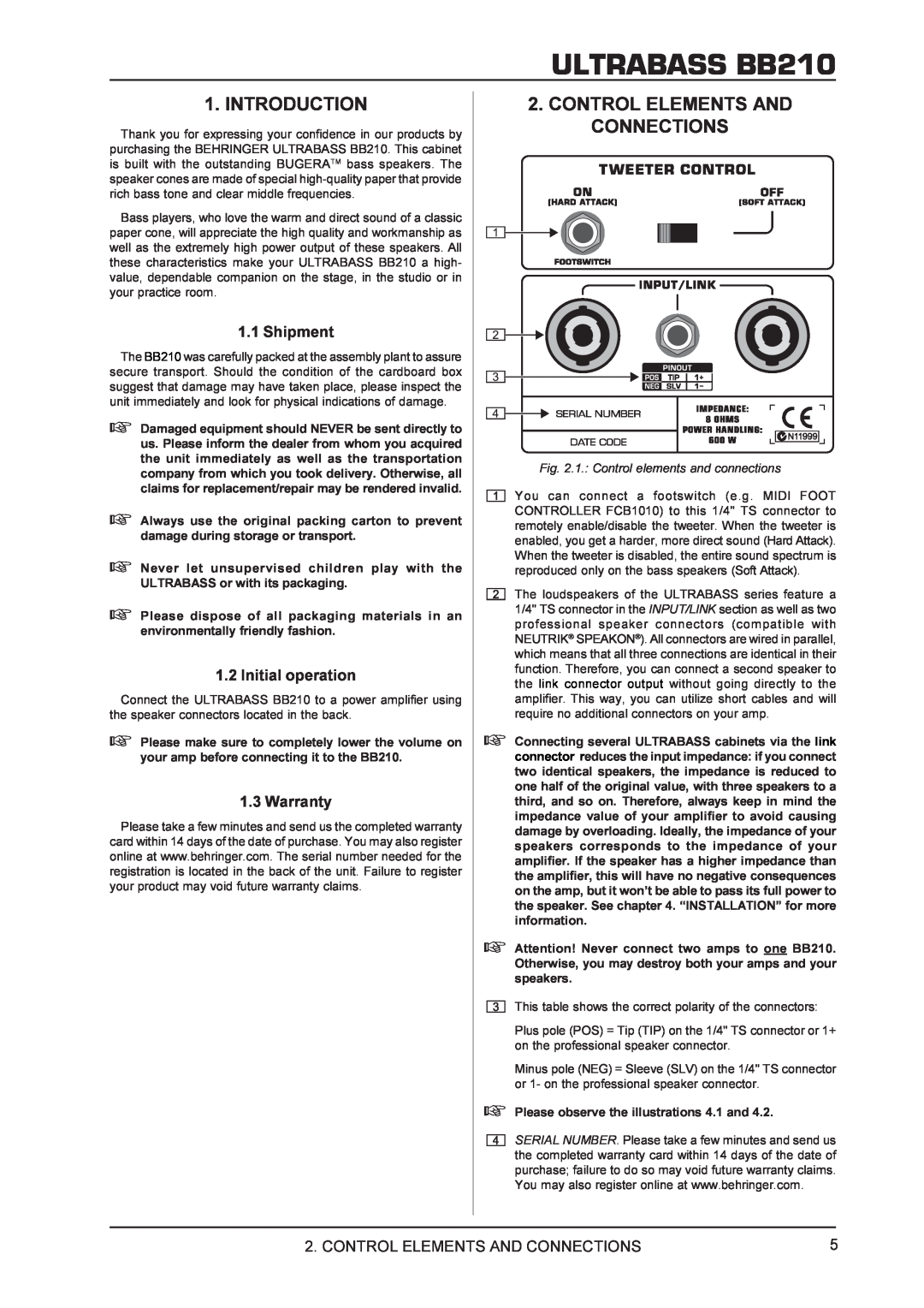Behringer manual Introduction, Control Elements And Connections, ULTRABASS BB210, Shipment, Initial operation, Warranty 