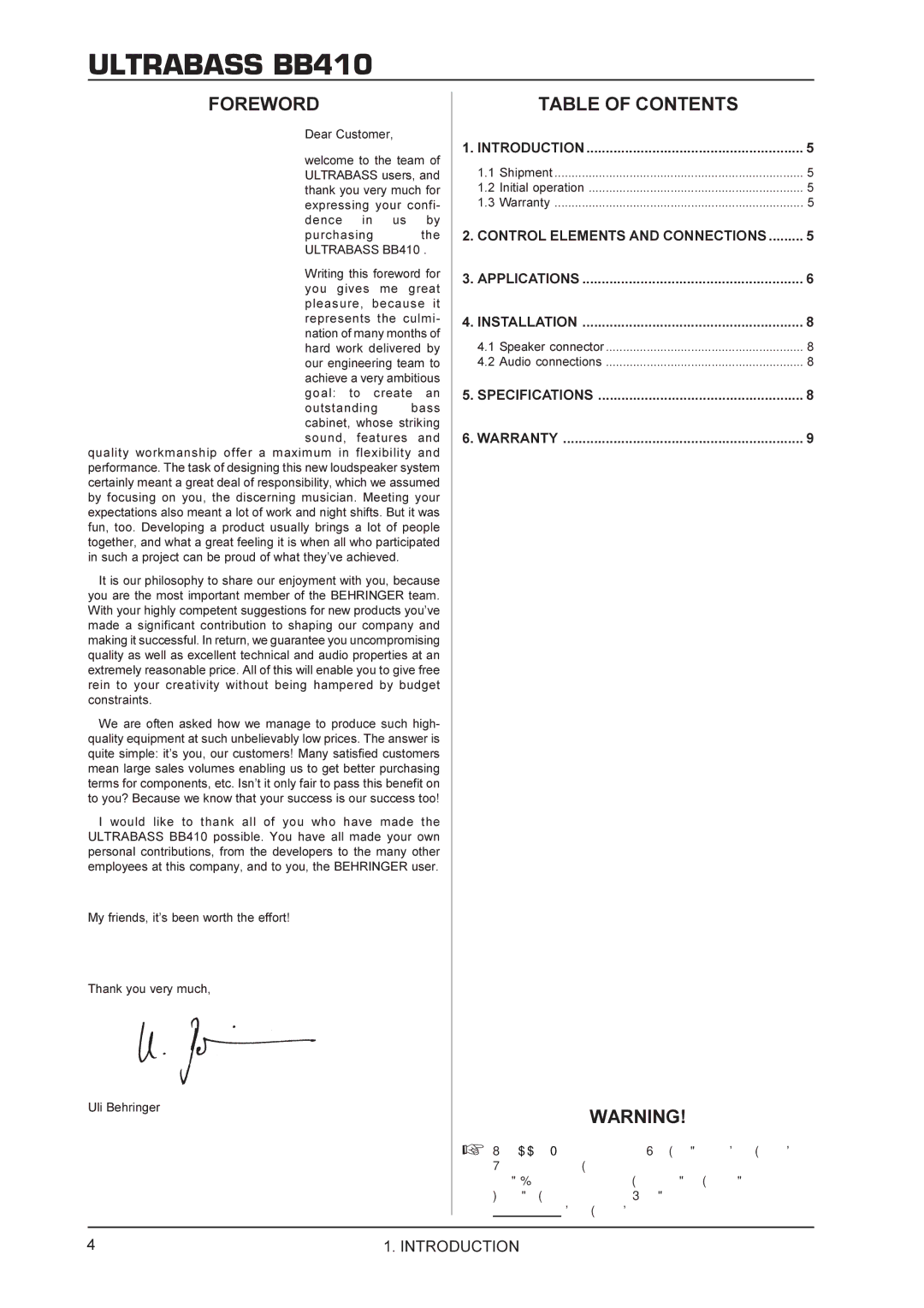 Behringer BB410 manual Foreword, Table of Contents 