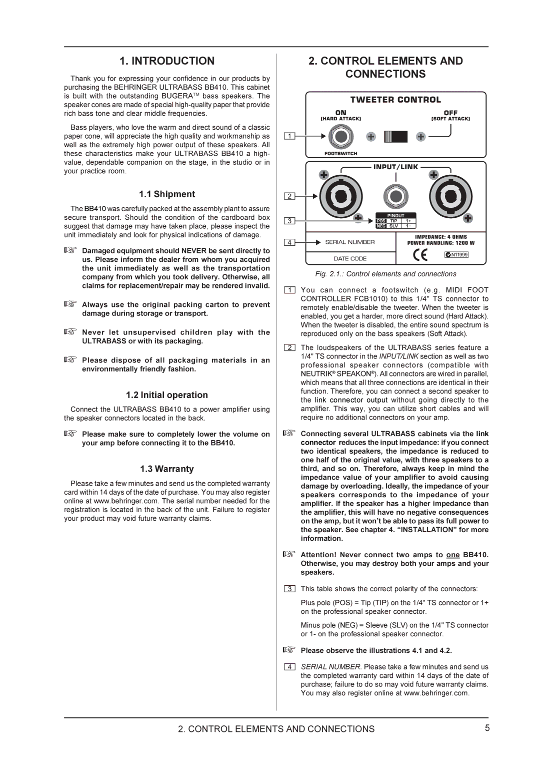 Behringer BB410 manual Introduction, Control Elements and Connections 