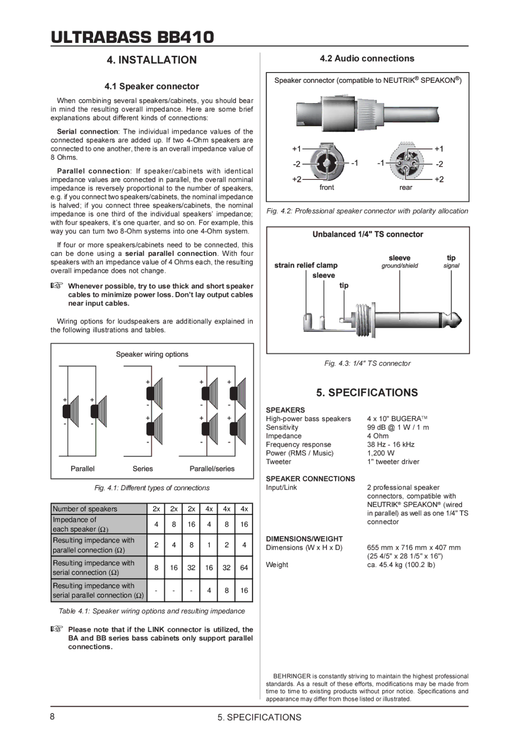 Behringer BB410 manual Installation, Specifications 