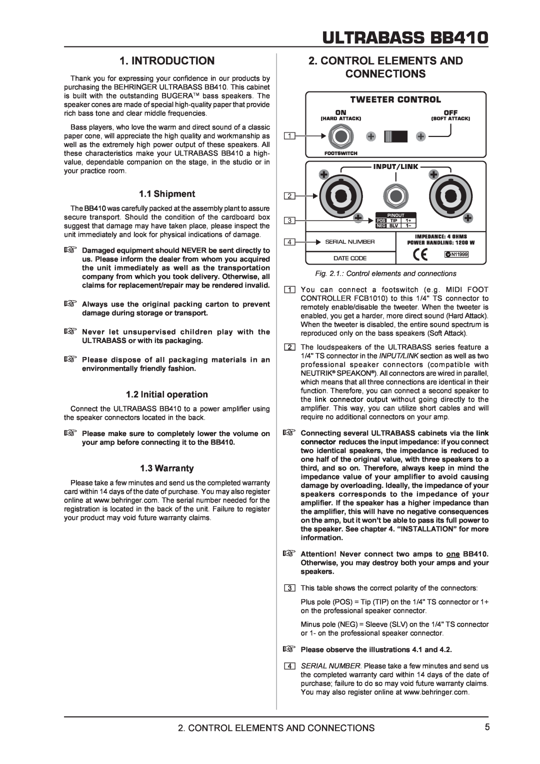 Behringer manual Introduction, Control Elements And Connections, ULTRABASS BB410, Shipment, Initial operation, Warranty 