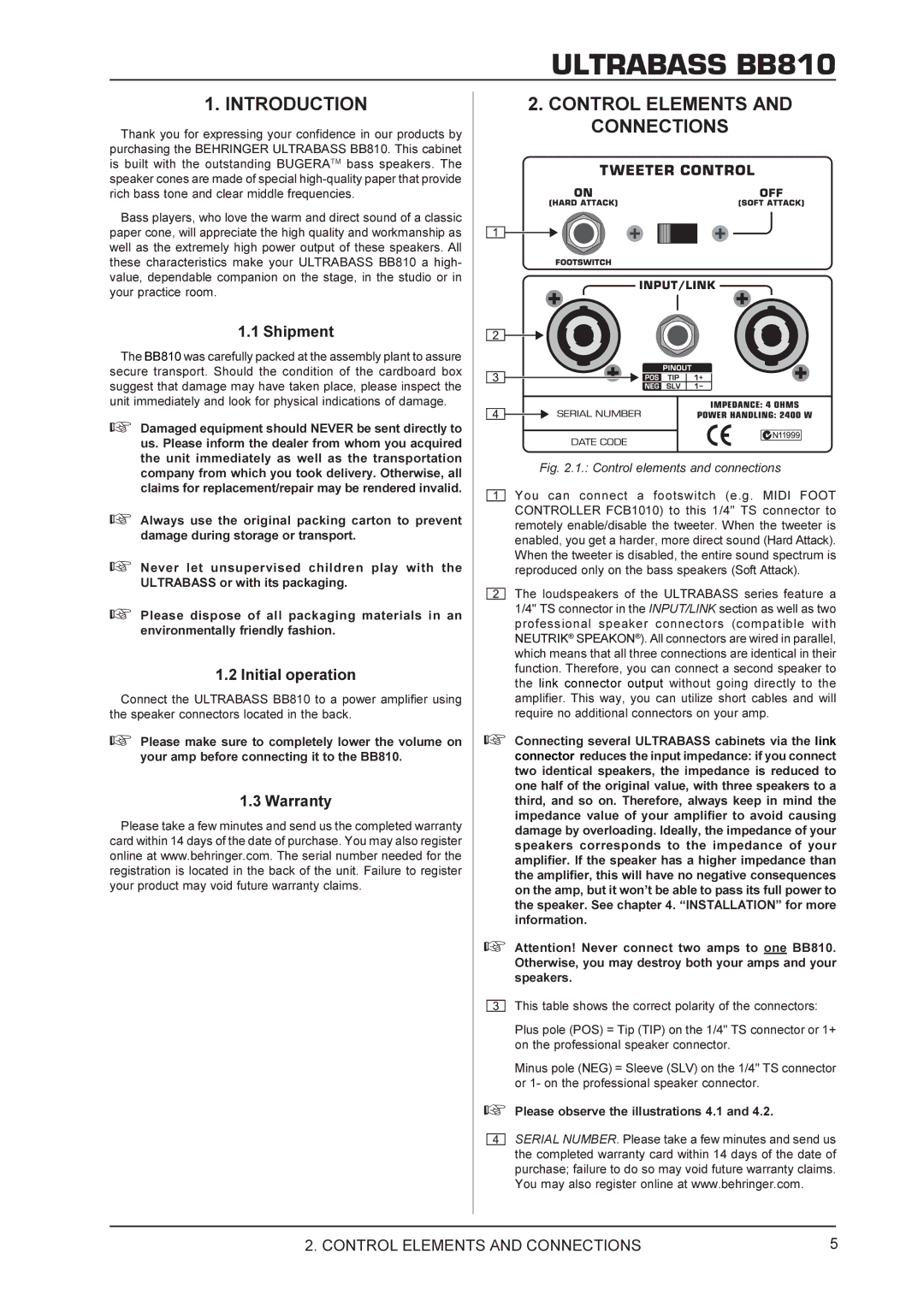 Behringer BB810 manual Introduction, Control Elements and Connections 